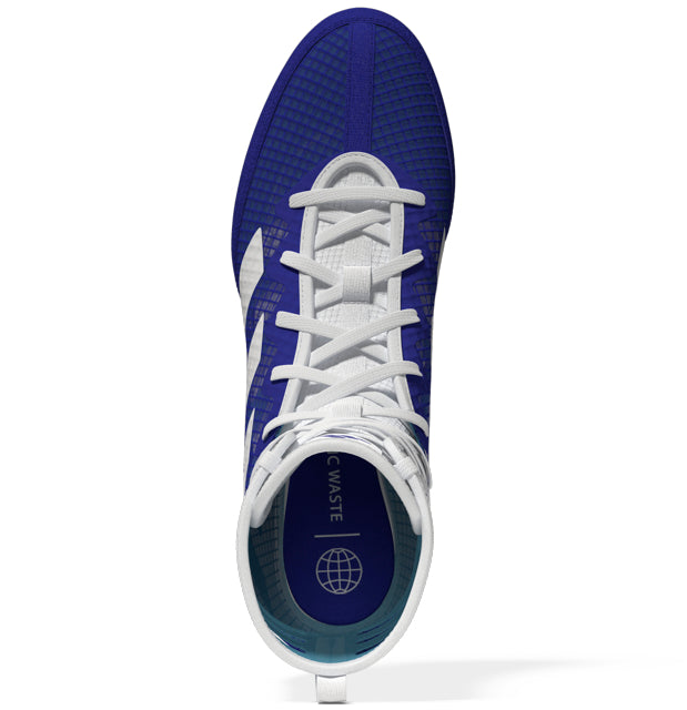 Blue and white boxing shoe with side view.