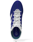 Blue and white boxing shoe with side view.