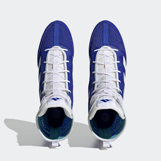 Pair of blue and white boxing shoes.