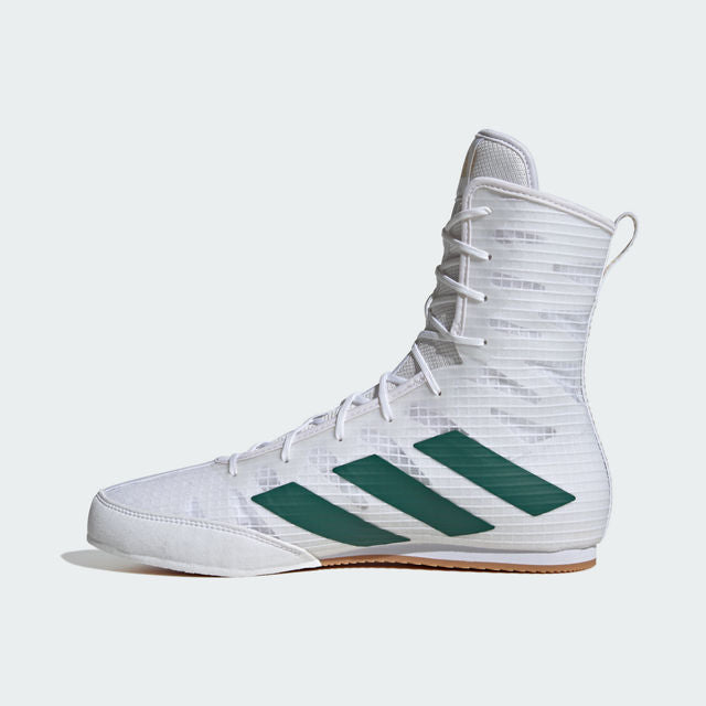 White boxing shoe with green stripes on a light gray background