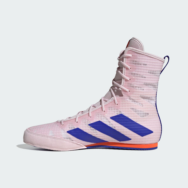 Pink Adidas boxing shoe with blue stripes on a light gray background