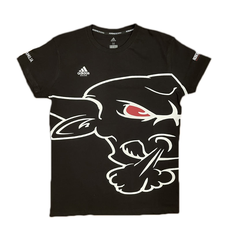 Black T-shirt with cartoon bull, Robert Garcia tribute.