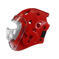 Red helmet with clear face shield for Taekwondo sparring.