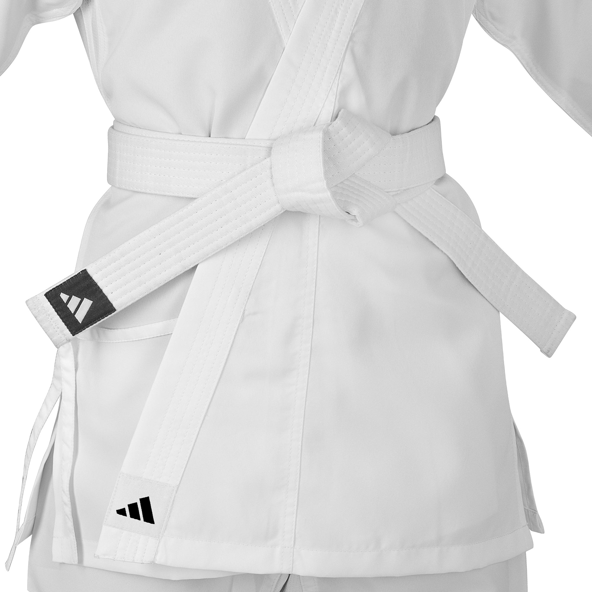White martial arts uniform with a belt featuring Adidas logo on a white background