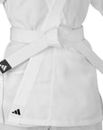 White martial arts uniform with a belt featuring Adidas logo on a white background