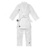 White adidas karate uniform with a crossover jacket, white belt and matching pants.