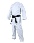 White adidas karate uniform with black belt.