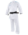 Adidas ADILIGHT white karate uniform with black belt.