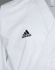 White karate uniform with black logo.