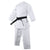 White karate uniform with black belt.