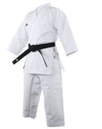 White karate uniform with black belt.