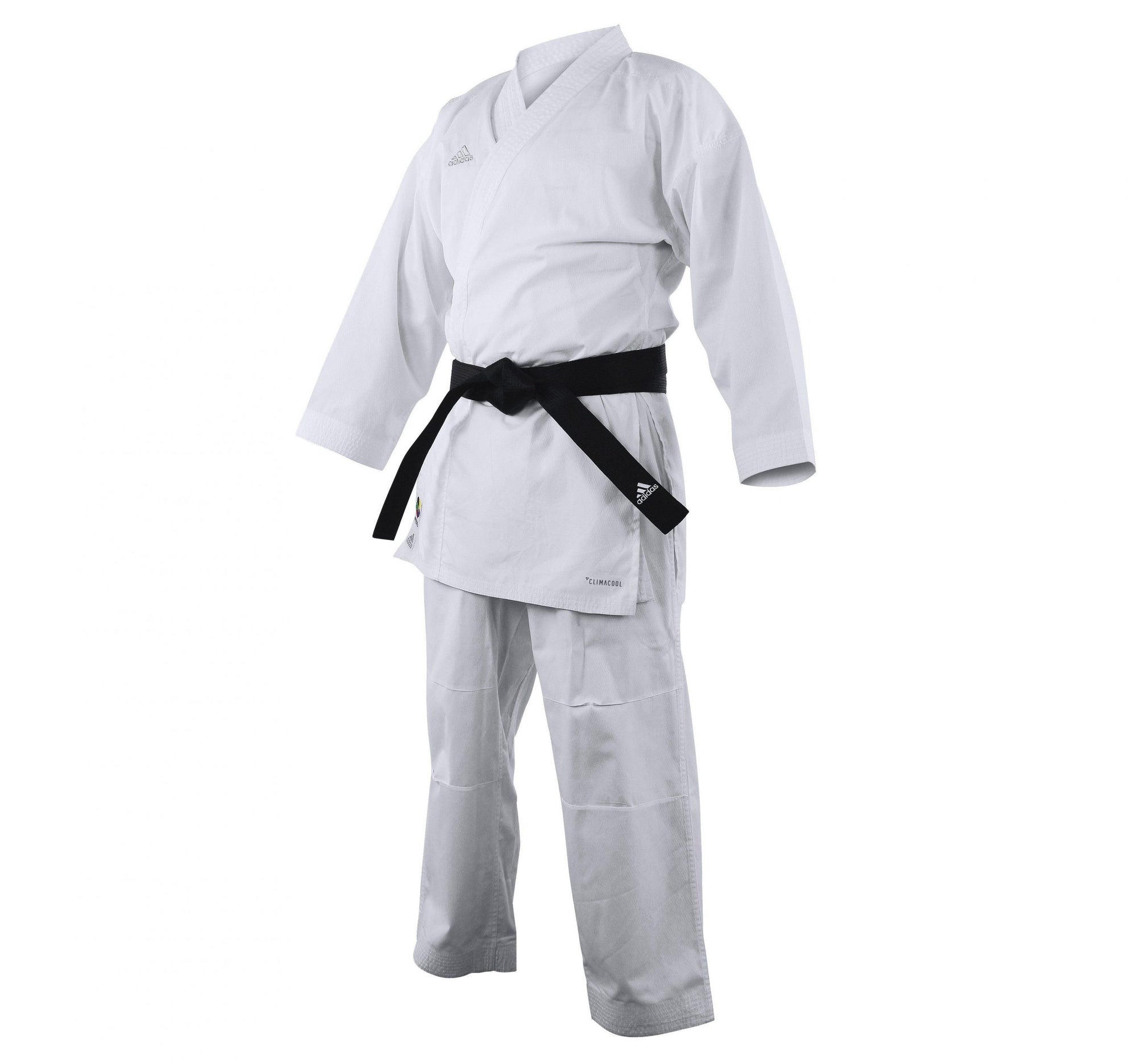 Karate uniform in white with black belt, close-up on details.