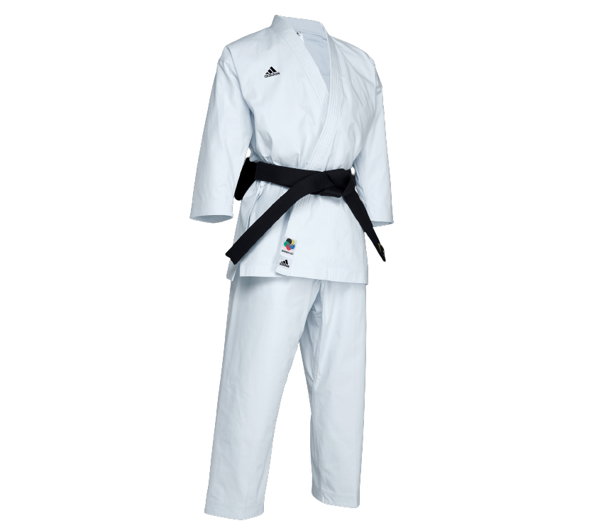 White karate uniform with black belt, front view.