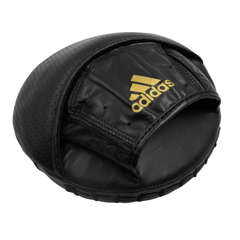 Black leather beanie with logo, boxing equipment.