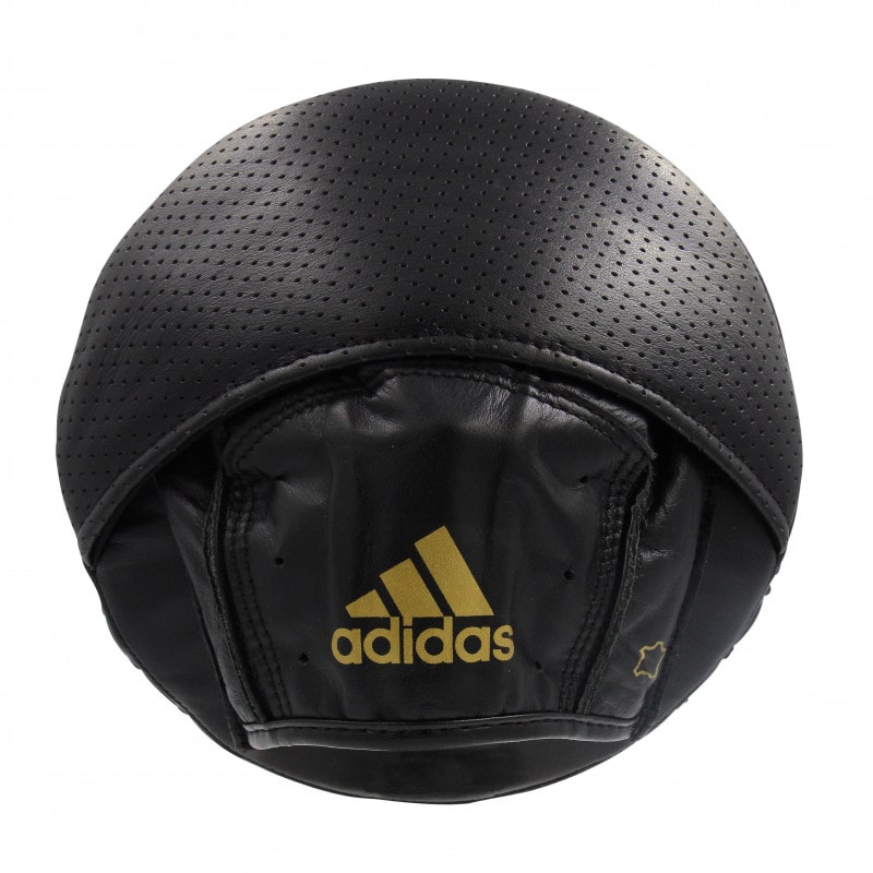 Black leather boxing mitt with logo.