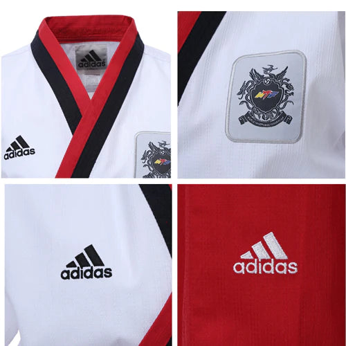 Collage of Adidas Poomsae youth female taekwondo uniform in white and red.