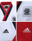 Collage of Adidas Poomsae youth female taekwondo uniform in white and red.