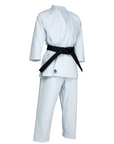 White karate uniform with black belt by Adidas KATA KIGAI K888.