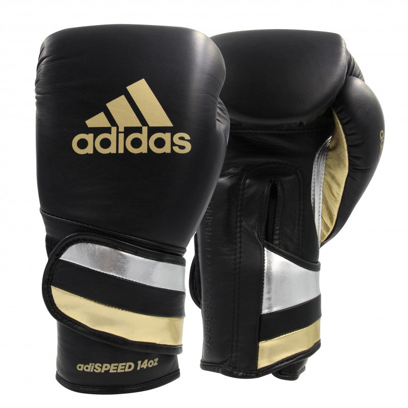 Pair of adidas Adi-Speed 501 Pro boxing gloves, Met Black/Gold/Silver, 16 oz.