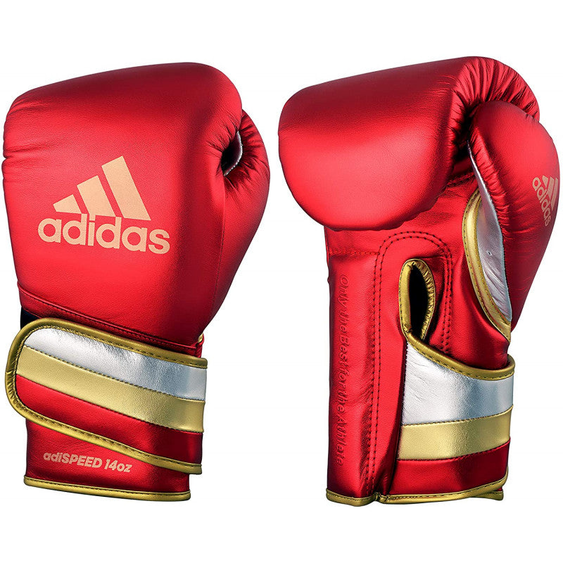 Pair of red boxing gloves from adidas Adi-Speed 501 for pros, 14 oz, in white, blue, red color scheme.