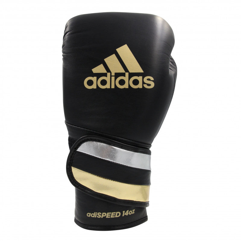 Black and gold Adidas boxing glove, metallic black, gold, silver, 10 oz.