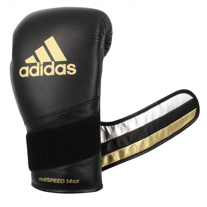 Black boxing glove with gold accents, 10 oz, for men and women.