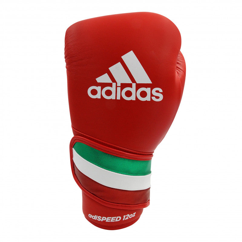 A red adidas boxing glove with white stripes.