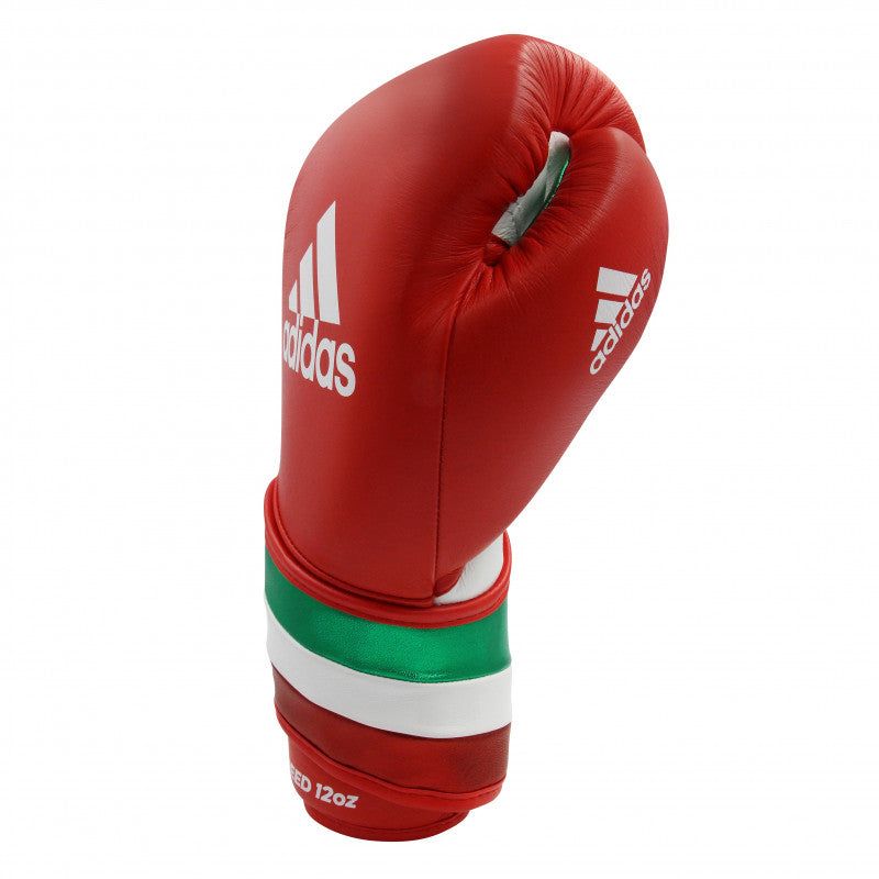 Red boxing glove with green stripes.