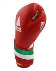 Red boxing glove with green stripes.