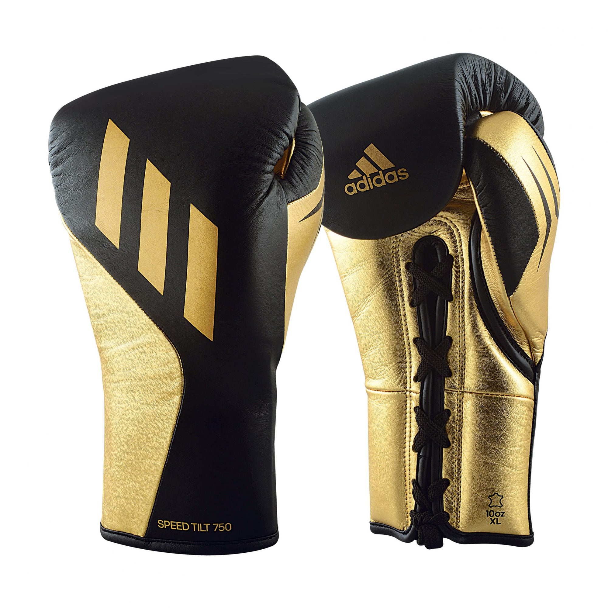 Metallic gold and black adidas Speed Tilt 750 fight gloves.