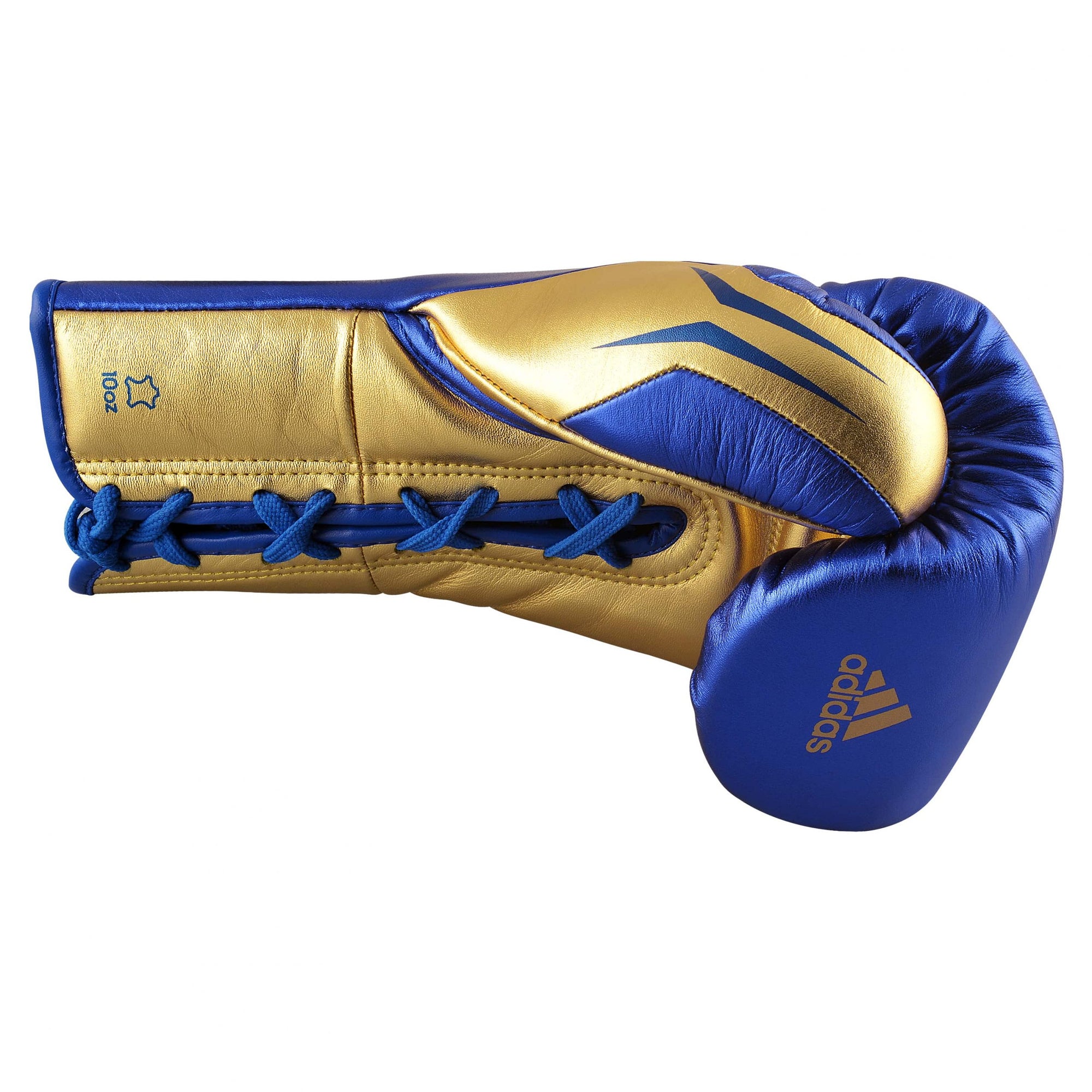 Blue and gold boxing glove, adidas Speed Tilt 750 model.