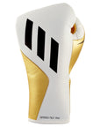 White and gold Speed Tilt 750 Pro Fight Glove against a plain background.