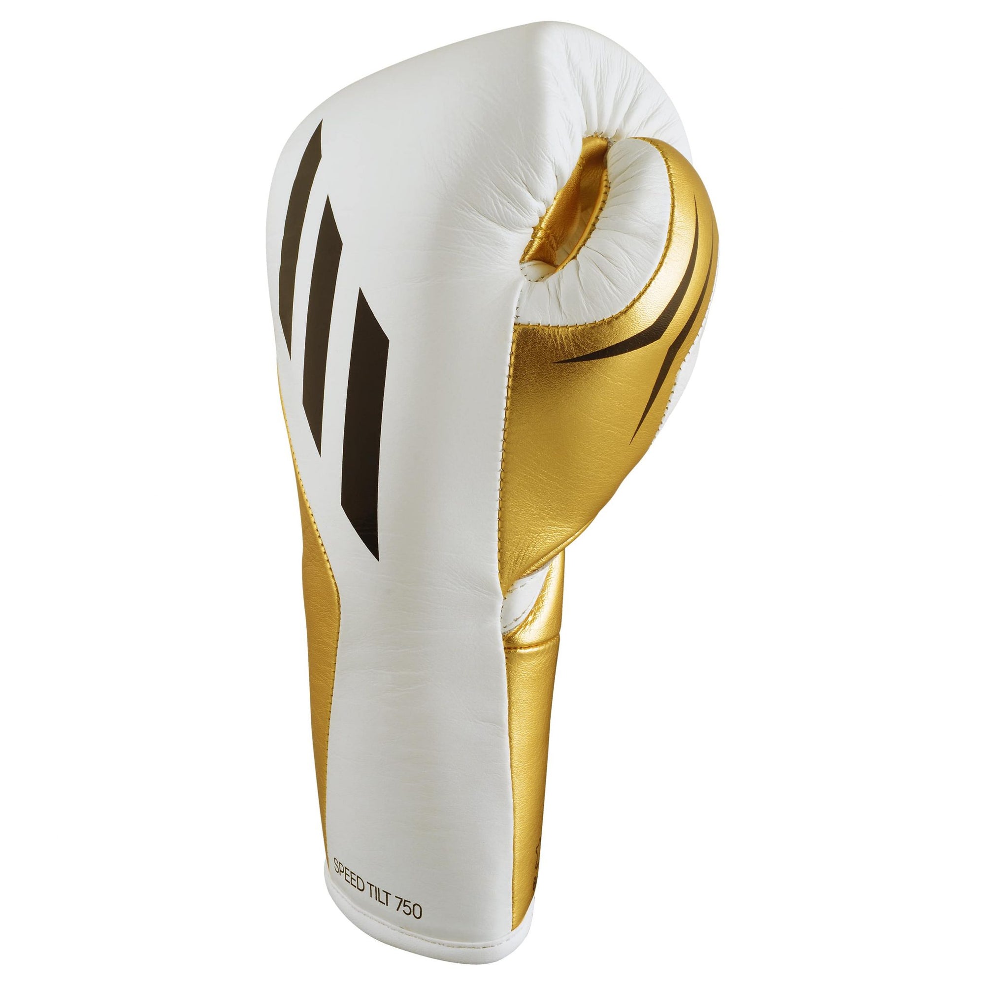 White and gold Speed Tilt 750 boxing glove on a neutral backdrop.