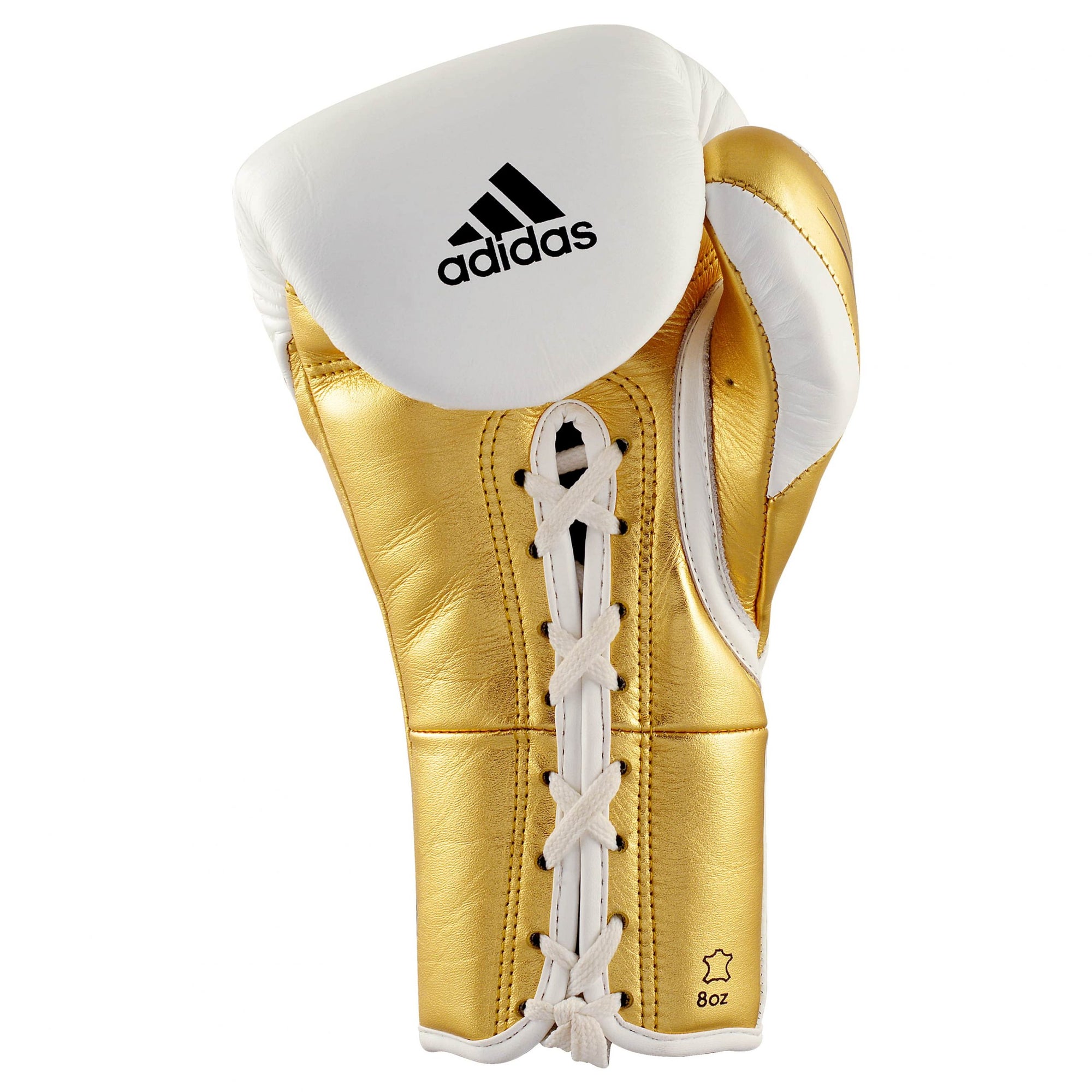 Gold boxing glove with white laces.