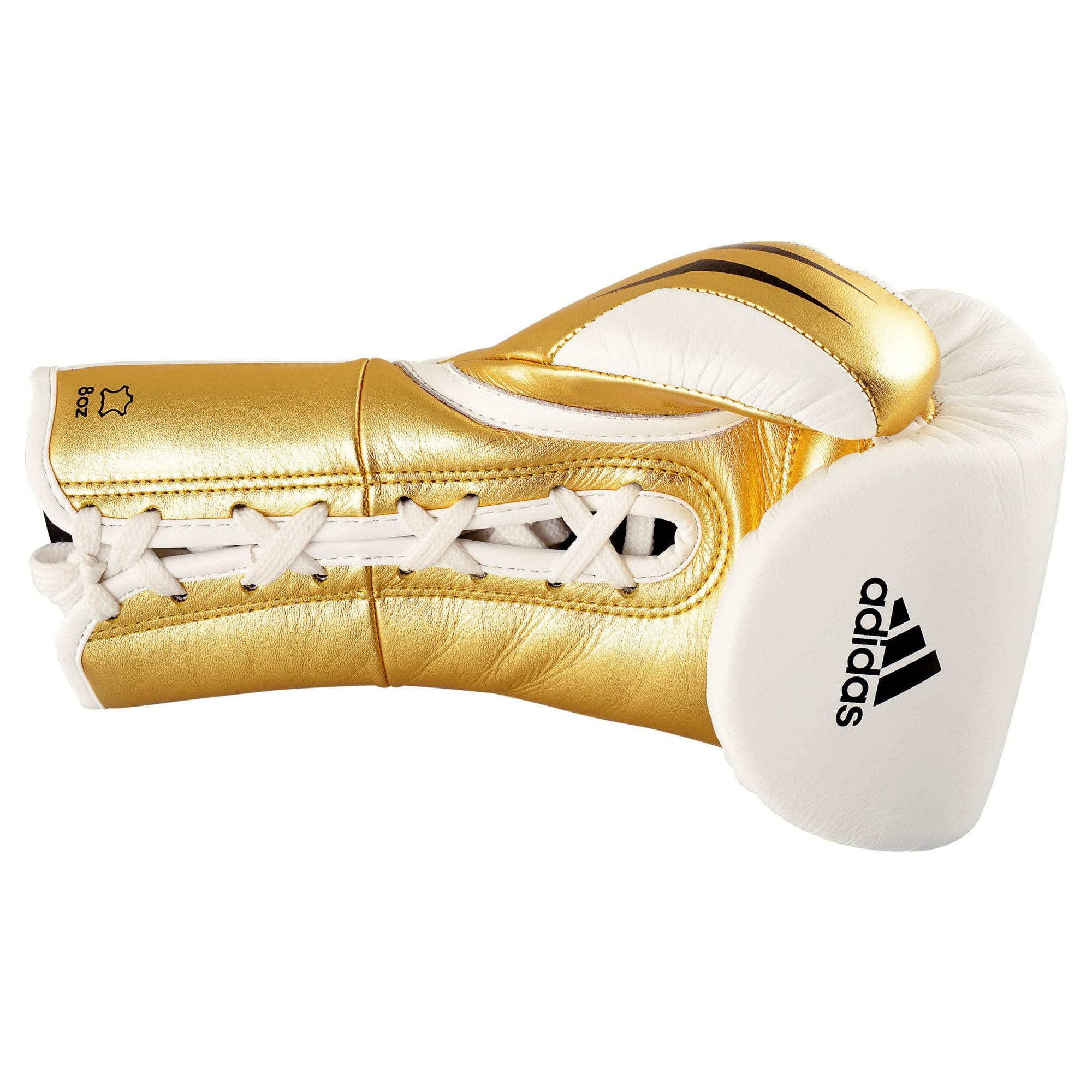 Gold boxing glove with white laces for pro fighting.