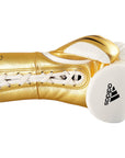 Gold boxing glove with white laces for pro fighting.