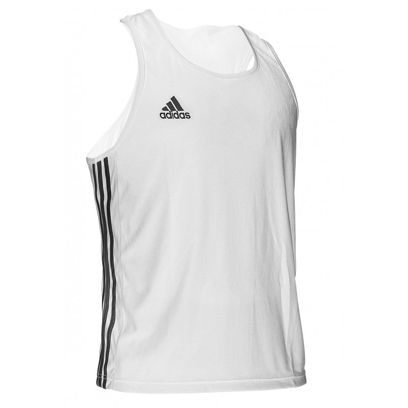 White Adidas tank top with black stripes, size L for boxing.