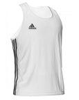 White Adidas tank top with black stripes, size L for boxing.