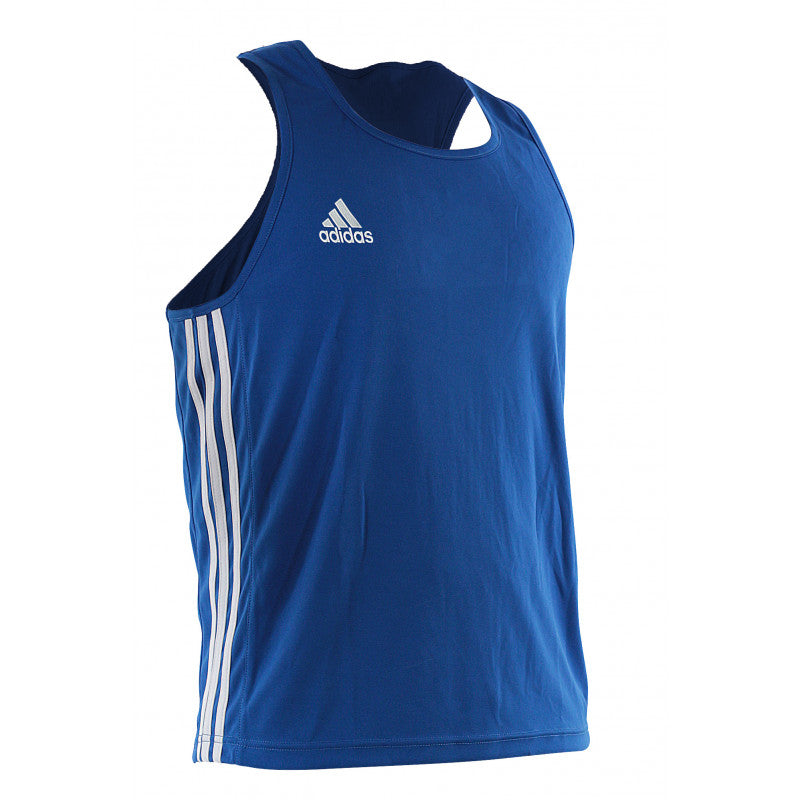 Blue Adidas tank top with white stripes, size L for boxing.