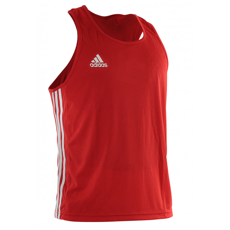 Red Adidas tank top with white stripes, size L for boxing.