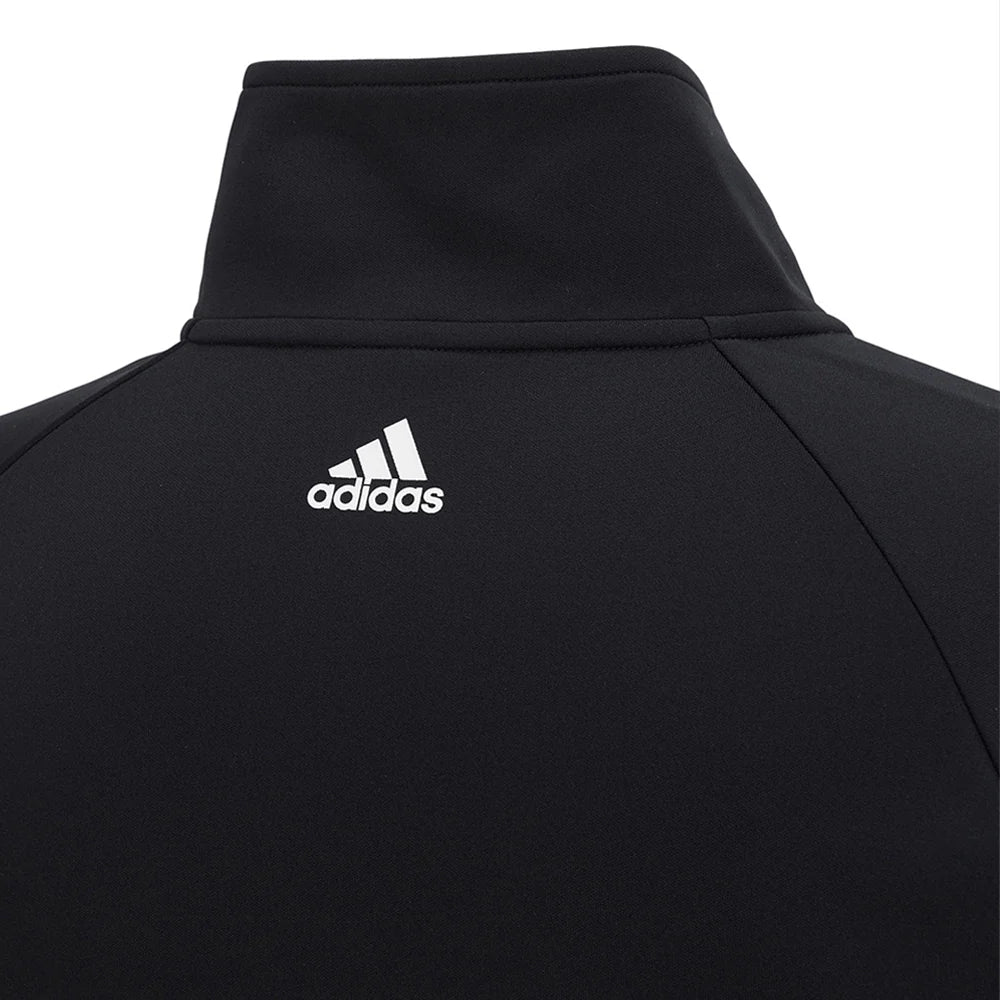 Black Adidas jacket with white logo on chest.