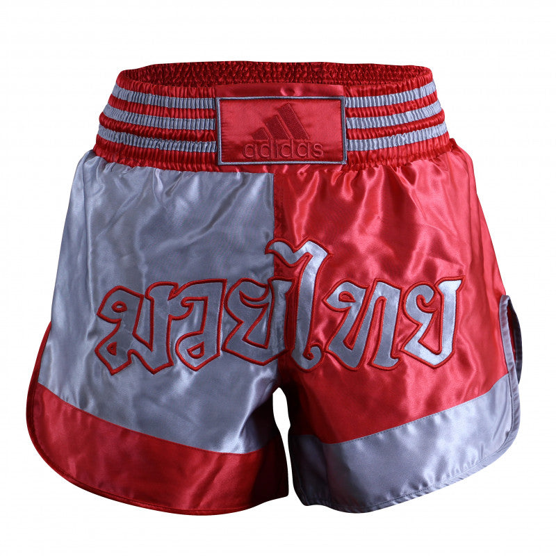 Red and white Thai boxing shorts.