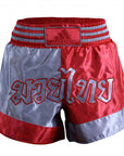 Red and white Thai boxing shorts.