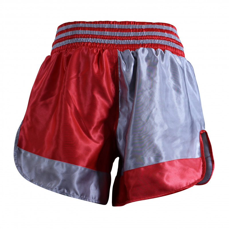 Red and grey Thai boxing shorts.