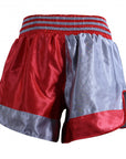 Red and grey Thai boxing shorts.