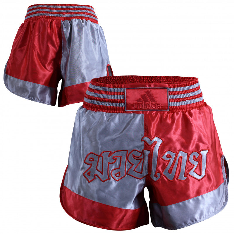 Red and grey Thai boxing shorts.