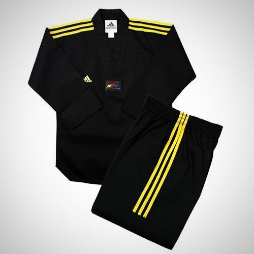 Black and yellow Adidas sports uniform.