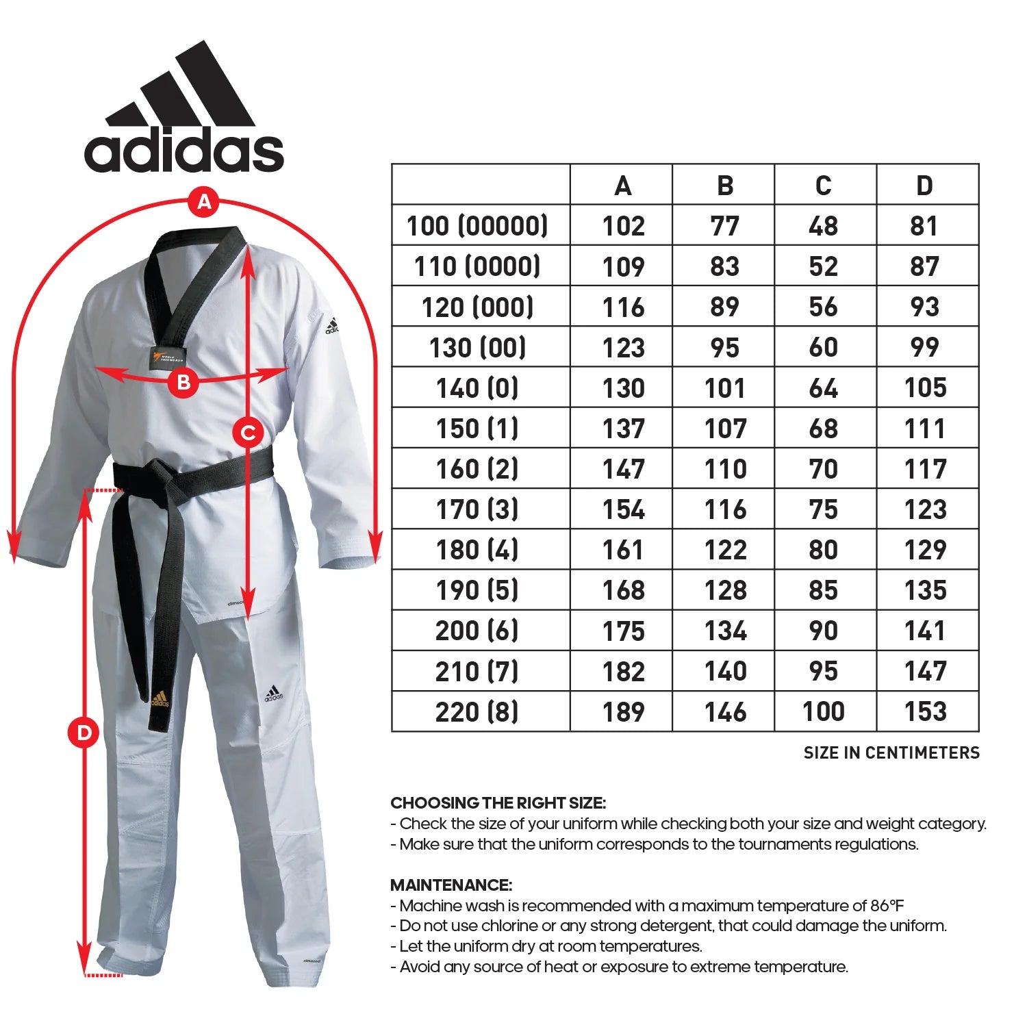 White karate uniform with black belt, adidas Taekwondo Eco Fighter.