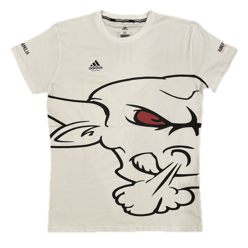 White shirt featuring cartoon face design, size S.