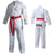 A white karate uniform with a red belt.